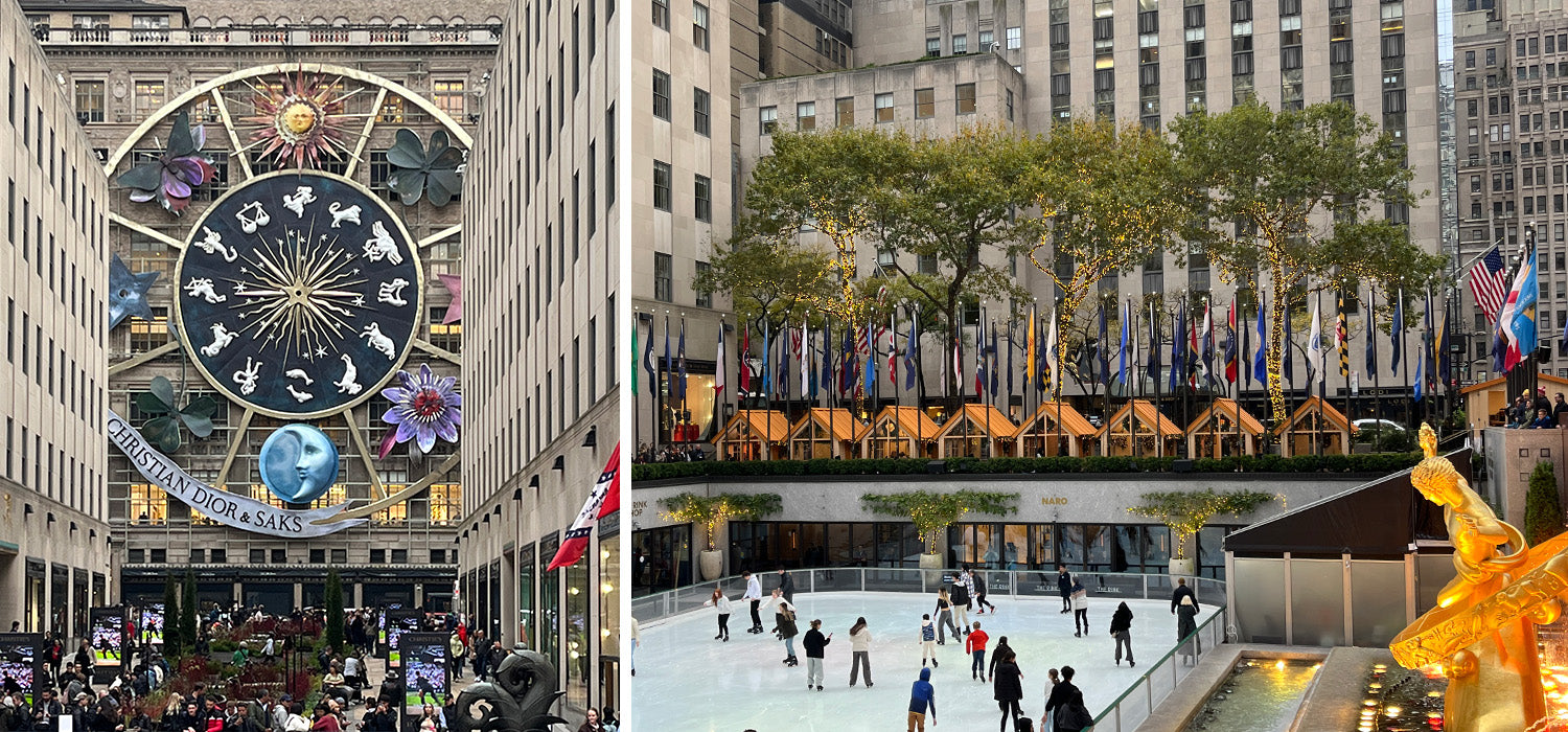 Views of Rockefeller Center ice rink, holiday huts, and promenade with Sak Fifth Ave in the background.
