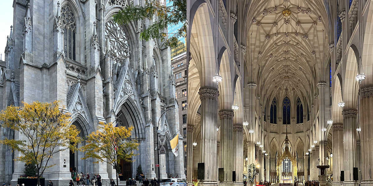 St. Patrick's Cathedral in New York City exterior and central nave views.