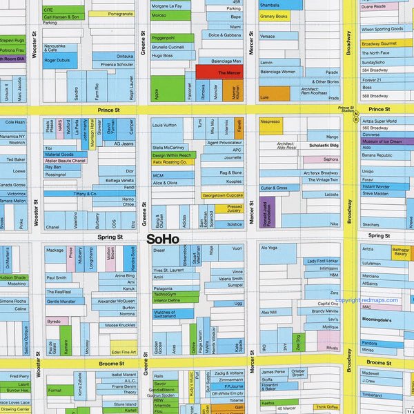 NYC SoHo Nolita Foldout Shopping Street Map Red Maps