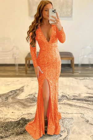 Wholesale Mermaid Glitter Orange Sequins Mesh Evening Dress Backless Prom Dress prom dresses shops - TingPo Dresses Wholesale