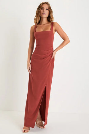TingPo Wholesale Signature Elegance Glamorous Disposition Rust Ruched Maxi Dress formal wear dresses - TingPo Dresses Wholesale