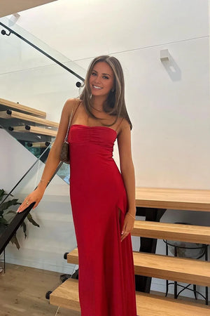 TingPo Wholesale Simple Sheath Spaghetti Straps Red Long Party Dress with Split Front - TingPo Dresses Wholesale