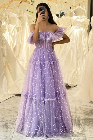Wholesale Lilac Polka Dot Tulle A Line Off the Shoulder Lace Up Long Prom Dress prom dresses shops - TingPo Dresses Wholesale