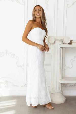 Elegant Strapless Floral Textured Maxi Dress Prom Dress - TingPo Dresses Wholesale