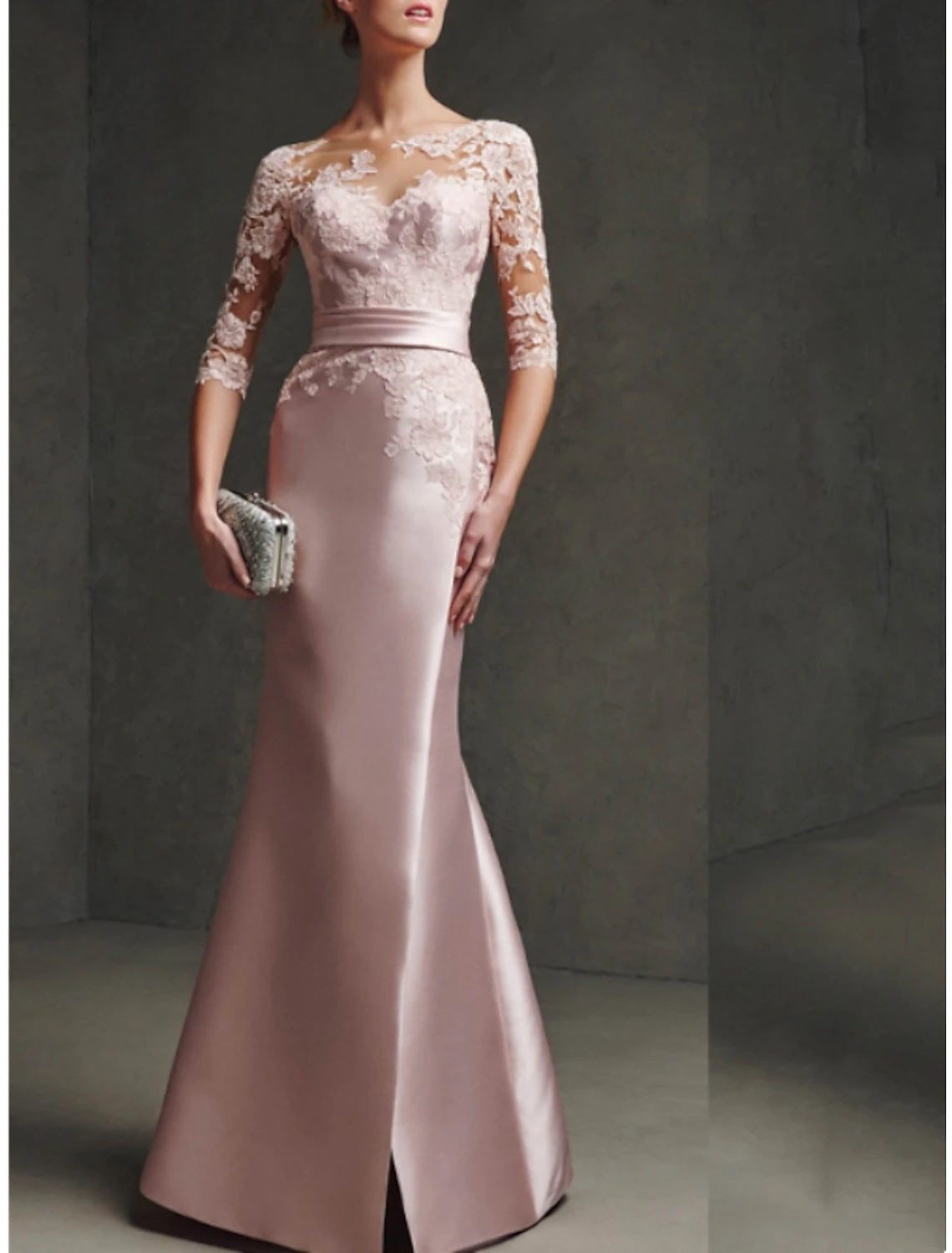 Wholesale Mermaid / Trumpet Mother of the Bride Dress Formal Elegant Party Scoop Neck Floor Length Satin Lace 3/4 Length Sleeve with Pleats Split Front