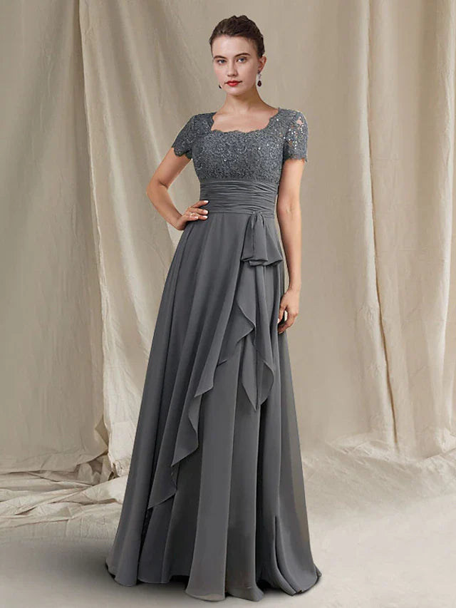 Wholesale A-Line Mother of the Bride Dress Plus Size Elegant Square Neck Floor Length Chiffon Lace Short Sleeve with Pleats Sequin Appliques