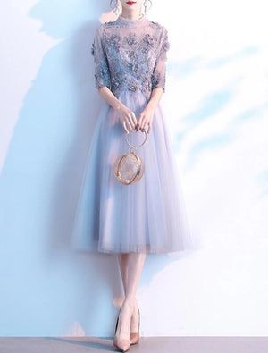 Wholesale A-Line Cocktail Dresses Floral Dress Party Wear Wedding Guest Knee Length Half Sleeve High Neck Lace with Pleats Sequin Appliques - TingPo Dresses Wholesale
