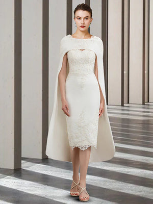 Wholesale Two Piece Sheath / Column Mother of the Bride Dress Church Elegant Jewel Neck Knee Length Chiffon Lace Sleeveless with Beading Appliques - TingPo Dresses Wholesale