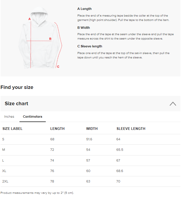 Alnate Brand Hoodie Size Guide