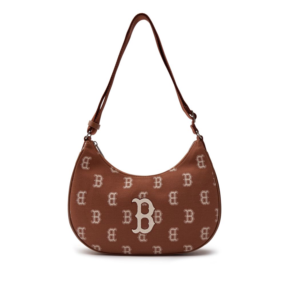 MLB Monogram Embo Boston Red Sox Hobo Bag Hand Bag MLB Logo Shoulder Bag  Brown