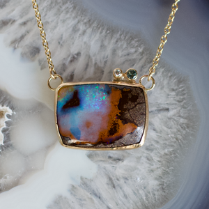 Boulder opal, montana sapphire, and diamond necklace, handmade in 14k ...