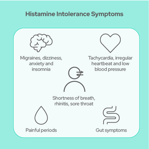 Histamine intolerance symptoms: migraines, dizziness, anxiety and insomnia, tachycardia, irregular heartbeat and low blood pressure, shortness of breath, rhinitis, sore throat, painful periods, gut symptoms