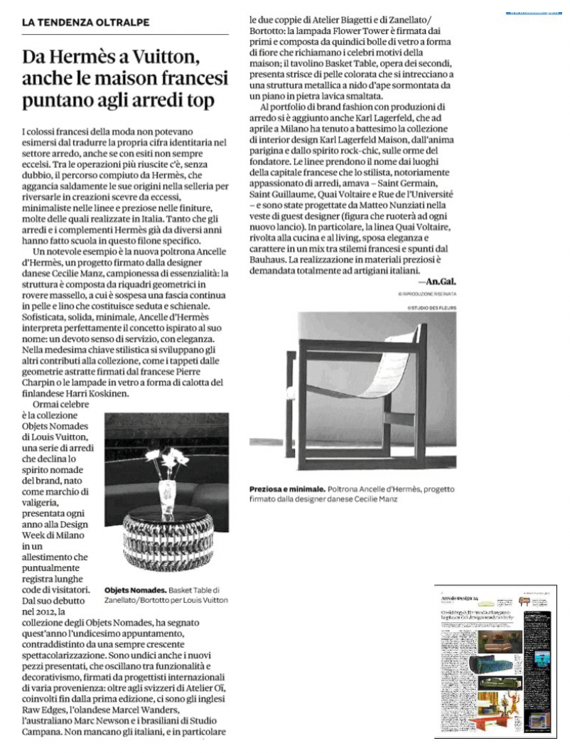 Il Sole 24 Ore mentioned the KARL LAGERFELD MAISON launch collection in this article about how high fashion brands entered the designer furniture market.