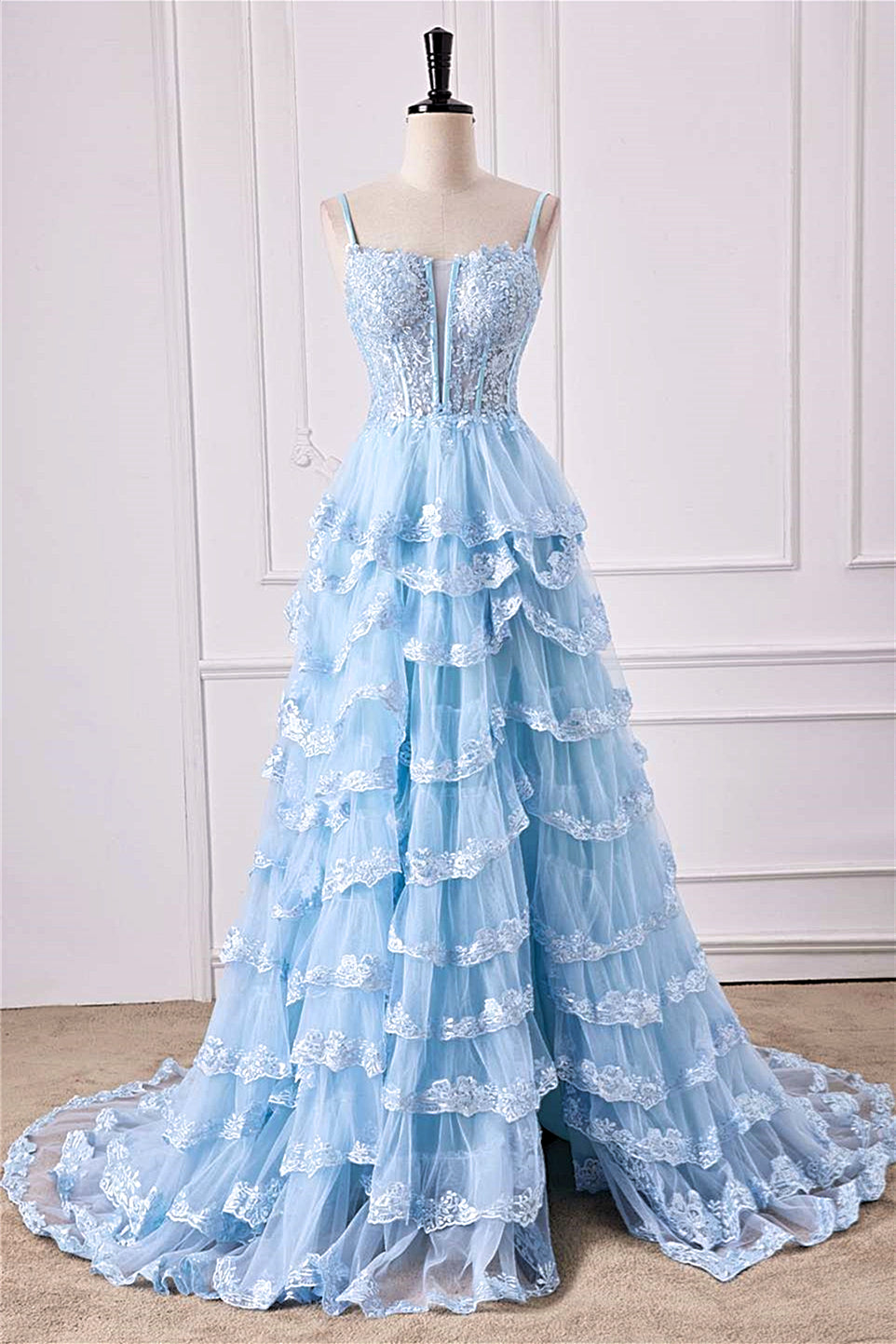 Light Blue Strapless Floral Layers A-line Long Prom Dress with Slit –  Joyofdress