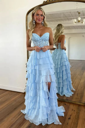 Sweetheart Strapless A-Line Appliques Tiered Party Prom Dress - Joyofdress