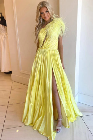 Elegant Satin A-Line One Shoulder With Side Slit Party Prom Dress - Joyofdress