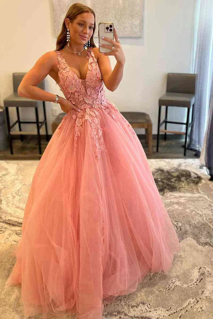 Low V-Neck Open Back Tulle A-Line Appliques Party Prom Dress