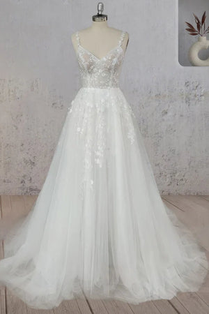 Open Back V-Neck Spaghetti Straps Tulle A-Line Wedding Dress - Joyofdress