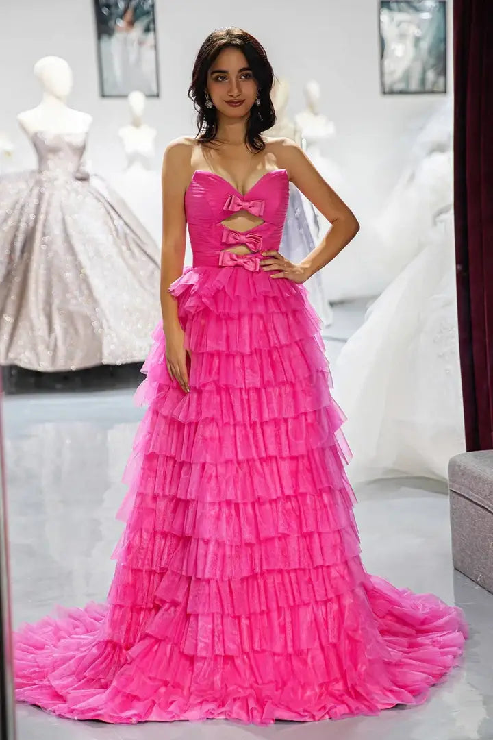 Pink Tulle A-Line Empire Strapless Party Prom Dress With Bows