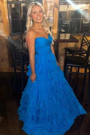 Royal Blue Chiffon A-Line Strapless Tiered Prom Dress - Joyofdress