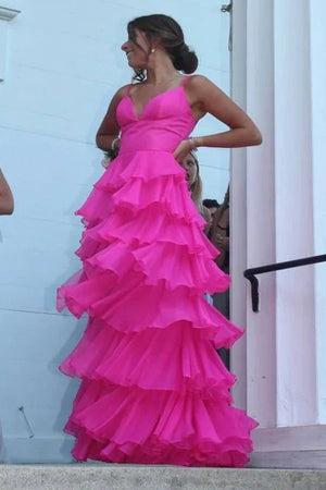 V-Neck Spaghetti Straps A-Line Tiered Long Party Prom Dress - Joyofdress