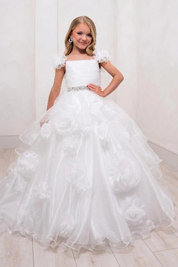 White Tulle A-Line Empire Girl Pageant Dress With 3D Florals