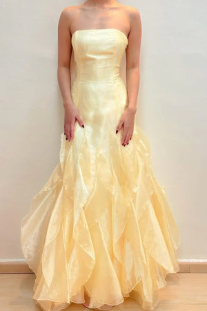 Yellow Strapless Empire Lace Up Ruffled Party Prom Dress - Joyofdress