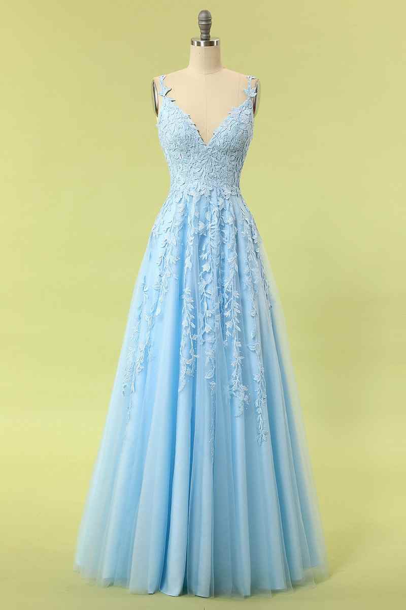 pgmdress A Line V Neck Light Blue Lace Tulle Prom Dresses Evening Dresses  US10 / Yellow, Tulle 