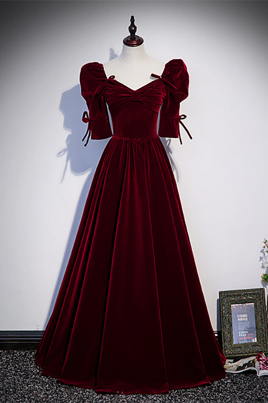 Burgundy Vintage Velvet Evening Dress Elegant Square Neck Puff Sleeve Bow  Princess Engagement Gonws