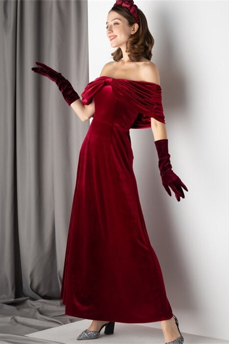 Off Shoulder Burgundy Velvet Dress with Bow – Joyofdress