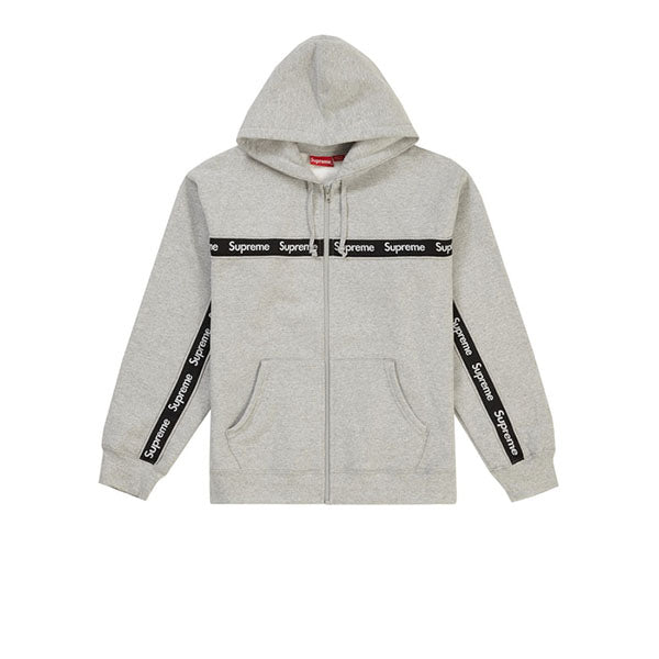 SUPREME TEXT STRIPE ZIP UP HOODED SWEATSHIRT HEATHER GREY FW19