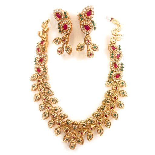 American Diamond Gold Plated Necklace Set with ruby emarold and Green stone Leaf pattern Jewellery set Earrings for Women and Girls - Kumari Shoppy