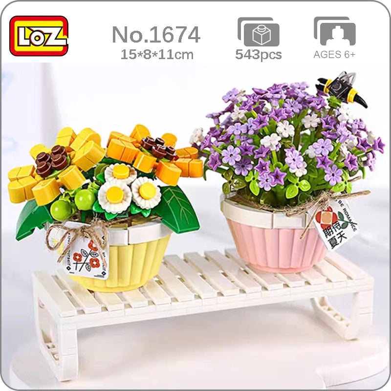 Image of LOZ Potted Plants II 1674 Microscopic Flowers Spring Baby’s Breath Daisy With Bee