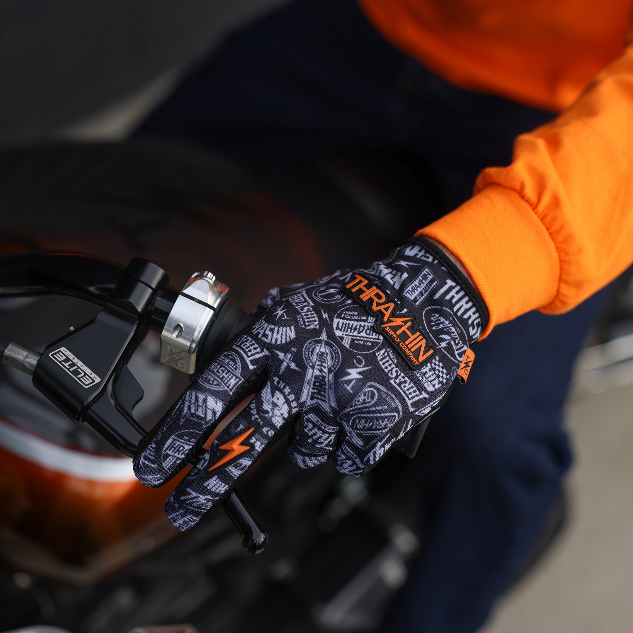 Thrashin Supply Logo Stealth Gloves Grey and Orange for Motorcycle Riding