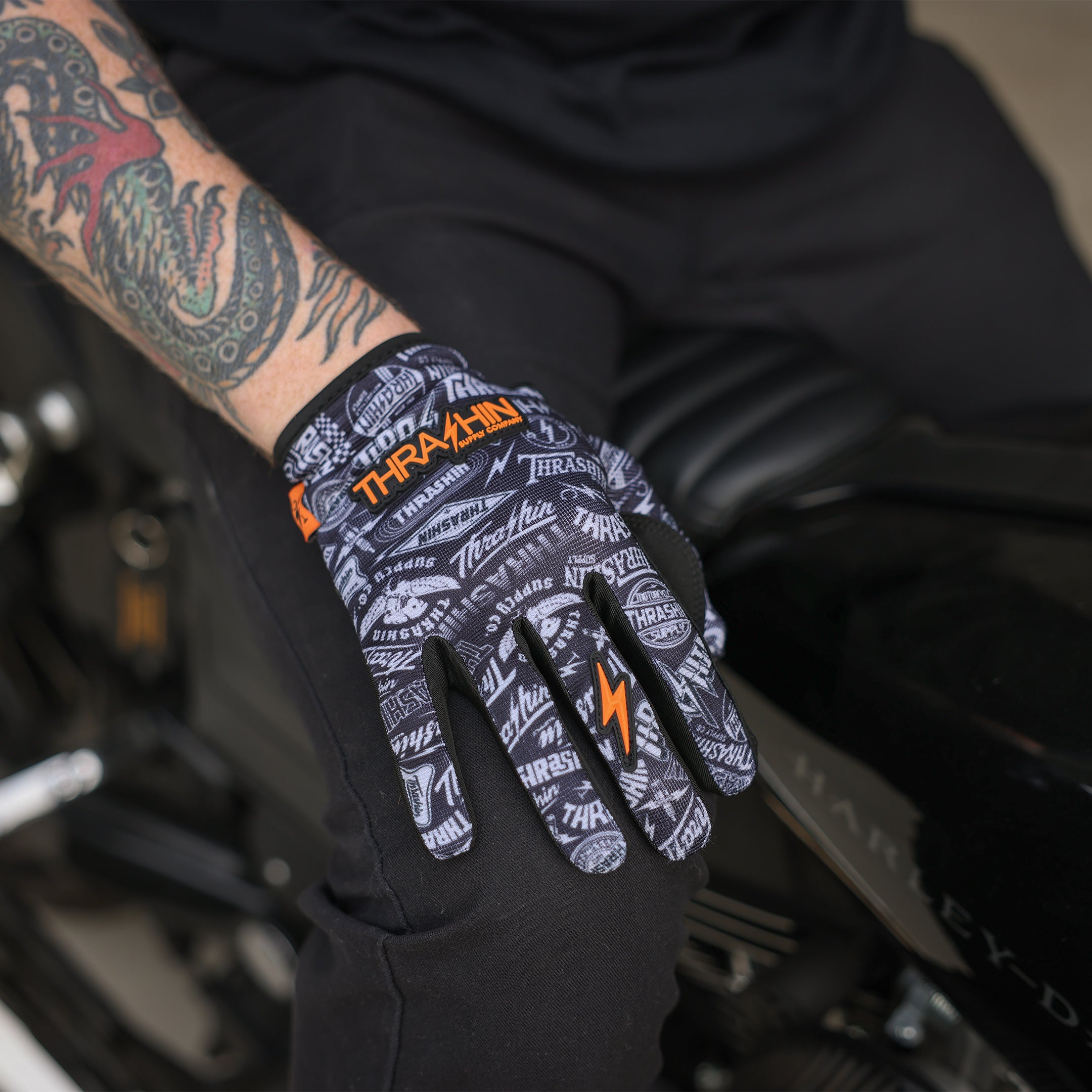 Thrashin Supply Logo Stealth Gloves Grey and Orange for Motorcycle Riding