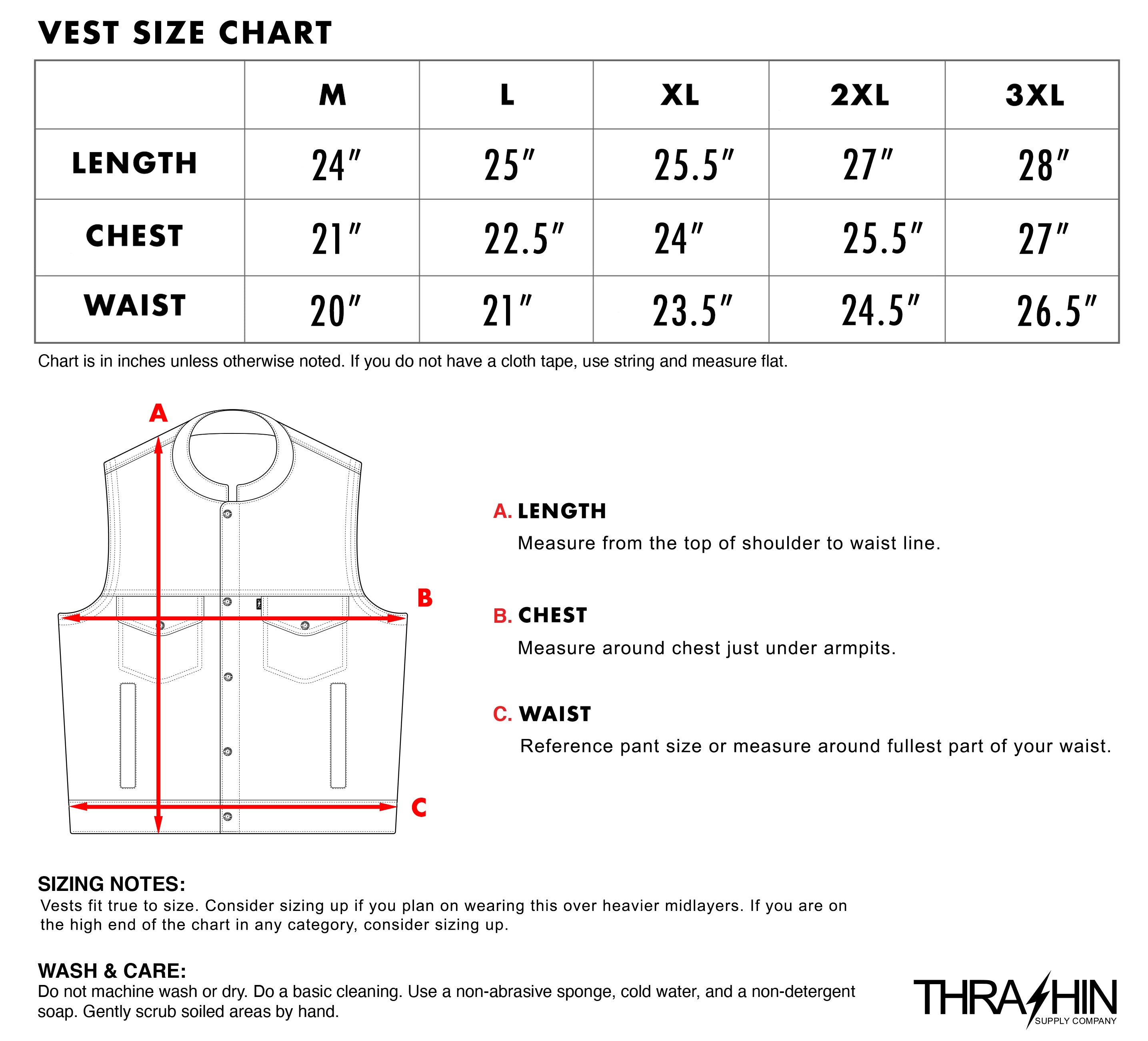 Thrashin Supply Co Riding Vest Sizing Chart