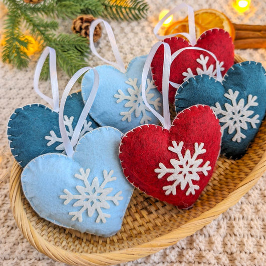 Blue & White Snowflake Heart Ornaments - Made of Felt - Set of 6