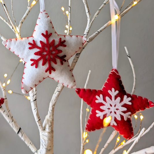 Blue & White Snowflake Heart Ornaments - Made of Felt - Set of 6