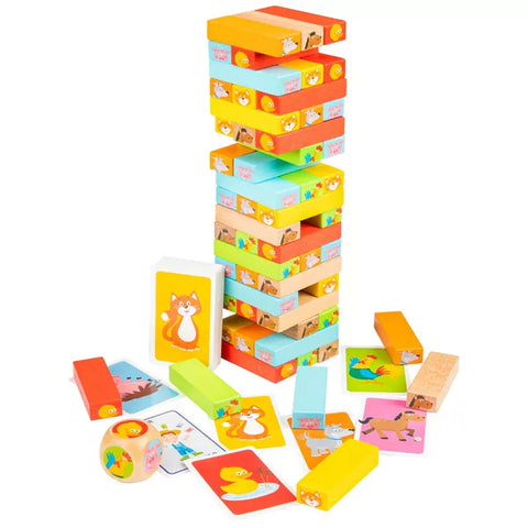 A stacked pyramid made out of wooden rectangle orange, red, blue and yellow blocks. blocks