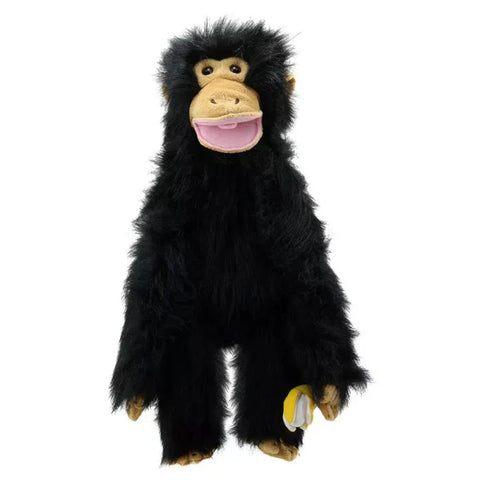 Black standing Chimpanzee Puppet holding a banana with a light brown mouth and pink tongue.