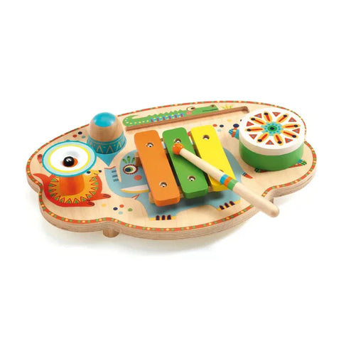 Wooden musical toy with xylphone with three coloured bars, a cymbal and mini drum.