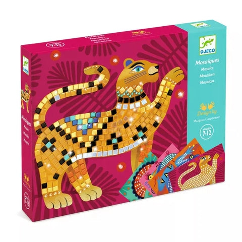 Djeco box of mosaics with a cate made out of gold, blue and black mosaics on the front.