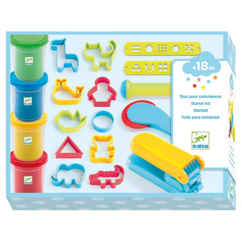 Light Blue box showing pots of play dough, cutters and a play dough roll.