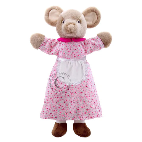 Full body of a mouse hand puppet wearing a pink dress with white apron. Brown ears, face and arms.