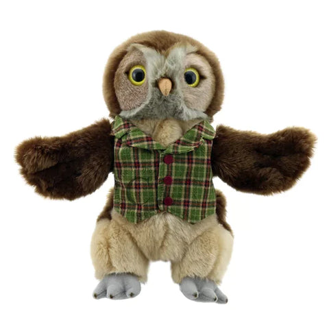 Owl puppet with stripy green and brown waistcoat and brown wings. Full bodied with brown eyes and yellow beak.