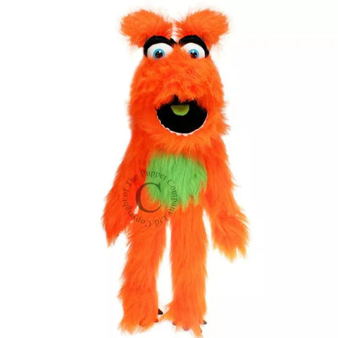 Orange Monster Hand Puppet with a green belly, white and black eyes and mouth opening.