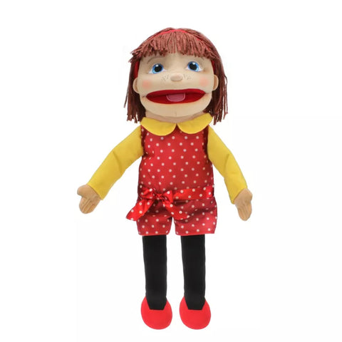 A tall Hand Puppet of a  Girl with Light Skin Tone, mouth moving and 57cm tall. Colourful clothes and detailed embroidered features and hair.