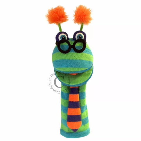 Sock Puppet Dylan with green and orange stripes