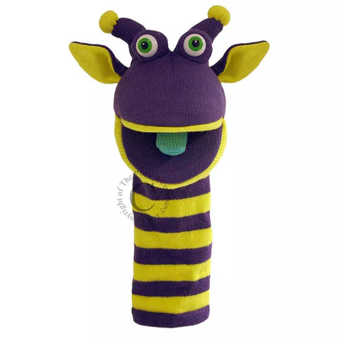 Knitted sock puppet with purple and yellow neck, Purple face with big mouth opening and yellow ears and beady eyes.