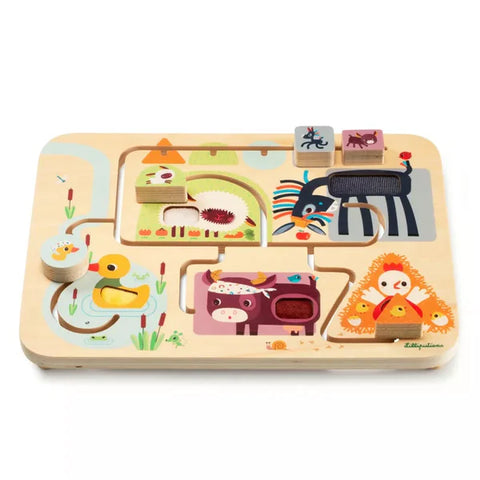 Wooden board with sliding activities and various animal shapes.